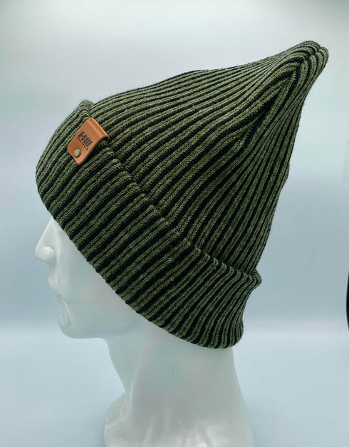 HAAKWEAR Cuffed Wide Ribbed Striped Beanie / Hat, Black / Green, Limited Edition - Made in USA