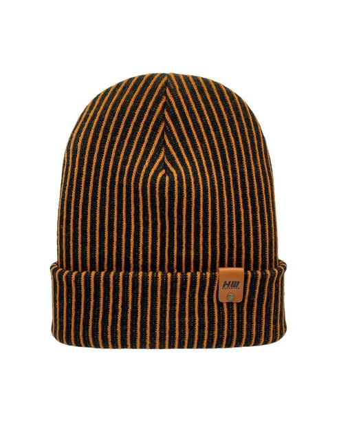 HAAKWEAR Cuffed Wide Ribbed Striped Beanie / Hat, Black / Orange, Limited Edition - Made in USA