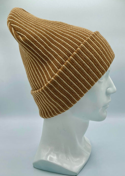 HAAKWEAR Cuffed Wide Ribbed Striped Beanie / Hat, Brown / Beige, Limited Edition - Made in USA